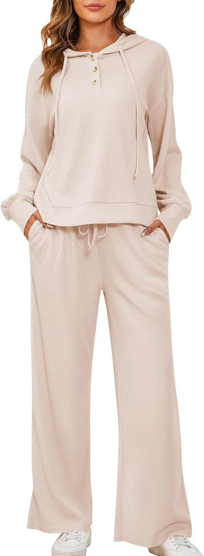 YKR Women's Lounge Sets Waffle Knit Long Sleeve Sweatsuit Hoodie Tops and Wide Leg Pants Two Piece Loungewear with Pockets