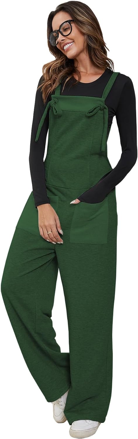 YKR Womens Casual Loose Overalls Long Bib Pants Wide Leg Jumpsuits Adjustable Straps Cotton Jumper with Pockets