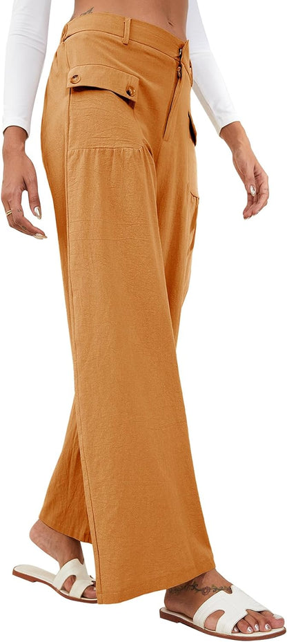 YKR Wide Leg Pants for Women Casual Linen Zipper Flowy Loose Palazzo Trousers with Pockets