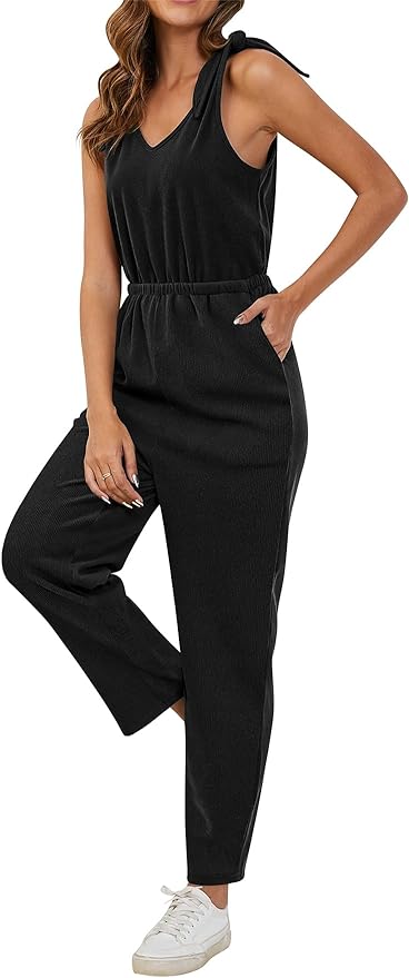 YKR Womens Jumpsuits Tie Knot Shoulder Adjustable Sleeveless v Neck Top Ribbed Stretchy Crop Pants Bodysuit