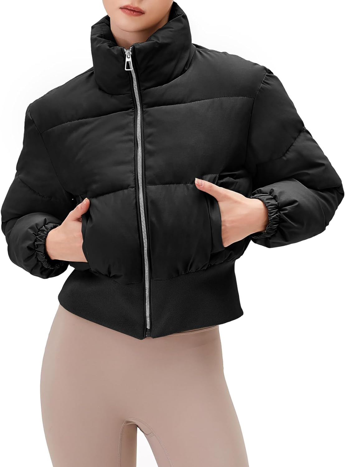 Ogfao Women's Cropped Puffer Jacket Winter Zip Coats Long Sleeve Bomber Quilted Padded Stand Collar Outwear with Pockets