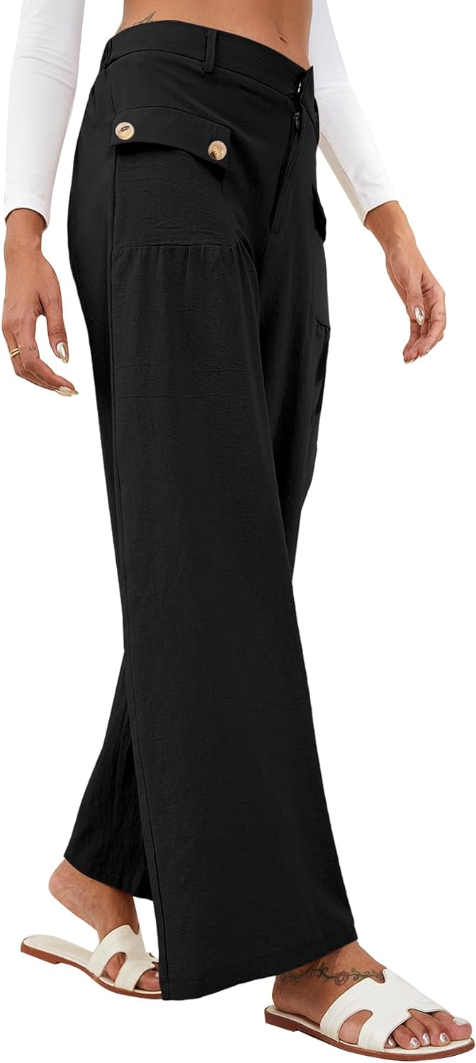 YKR Wide Leg Pants for Women Casual Linen Zipper Flowy Loose Palazzo Trousers with Pockets