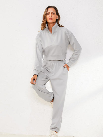 YKR Womens 2023 Crop 2 Piece Outfits Hoodie Sweatsuits Tracksuit Long Sleeve Half Zip Up Pullover with Jogger Sweatpants