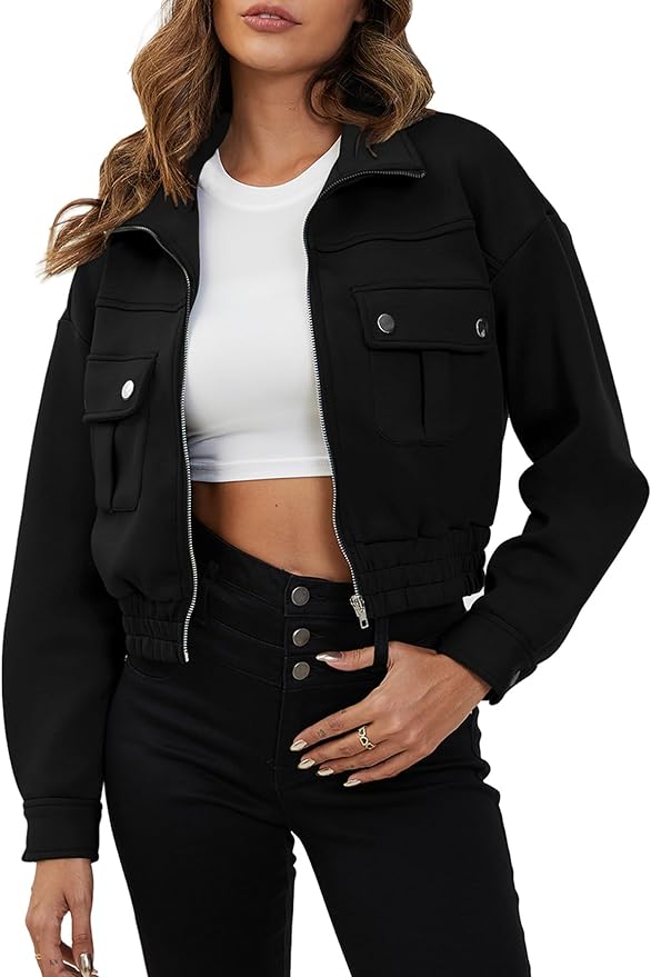 YKR Women's Cropped Bomber Jackets Zip Up Lightweight Long Sleeve Casual Coat Outwear with Pockets Fall Winter