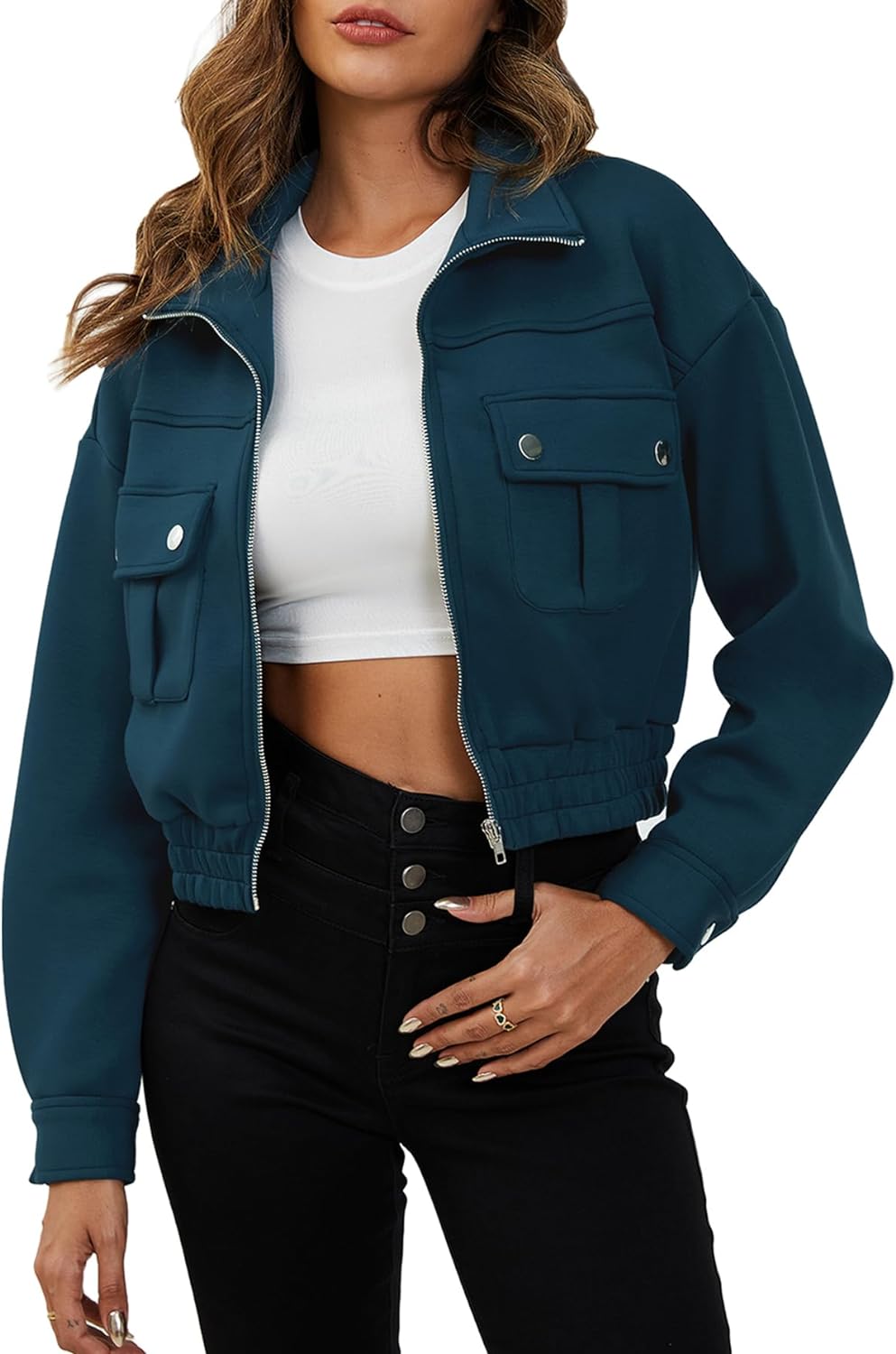 YKR Women's Cropped Bomber Jackets Zip Up Lightweight Long Sleeve Casual Coat Outwear with Pockets Fall Winter