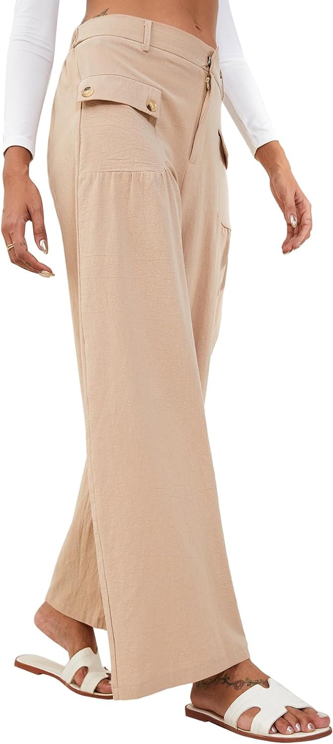 YKR Wide Leg Pants for Women Casual Linen Zipper Flowy Loose Palazzo Trousers with Pockets