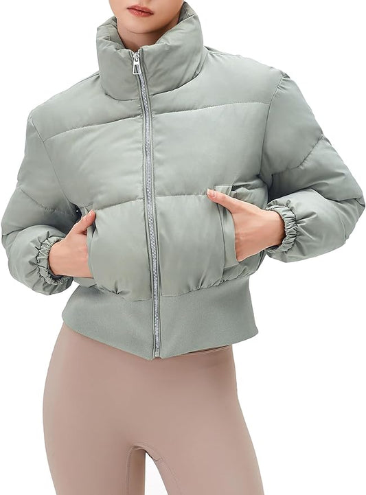 Ogfao Women's Cropped Puffer Jacket Winter Zip Coats Long Sleeve Bomber Quilted Padded Stand Collar Outwear with Pockets