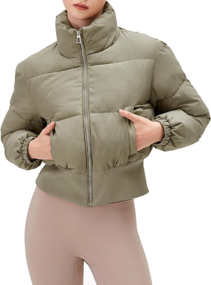 Ogfao Women's Cropped Puffer Jacket Winter Zip Coats Long Sleeve Bomber Quilted Padded Stand Collar Outwear with Pockets