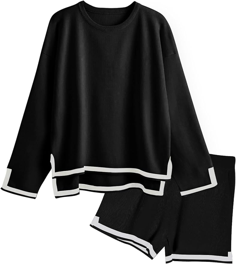 YKR Women's Lounge Sets Knitted Long Sleeve Sweater Top and Drawstring Shorts Two Piece Outfits Loungewear with Pockets