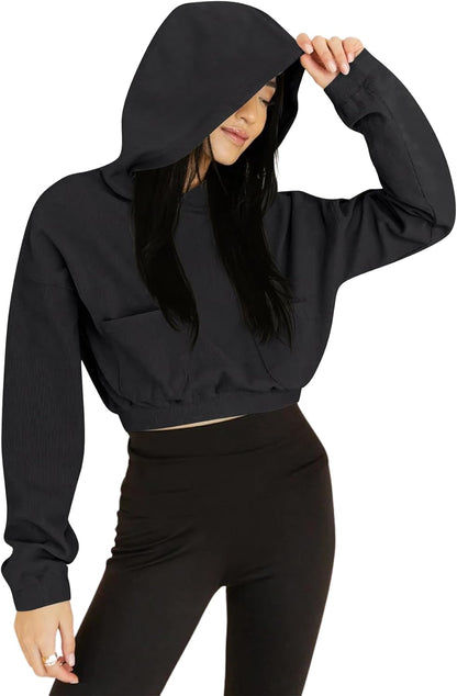 YKR Womens 2023 Cropped Hoodies Knit Sweatshirts Casual Pullover Long Sleeve Drop Shoulder Workout Crop Tops with Pockets