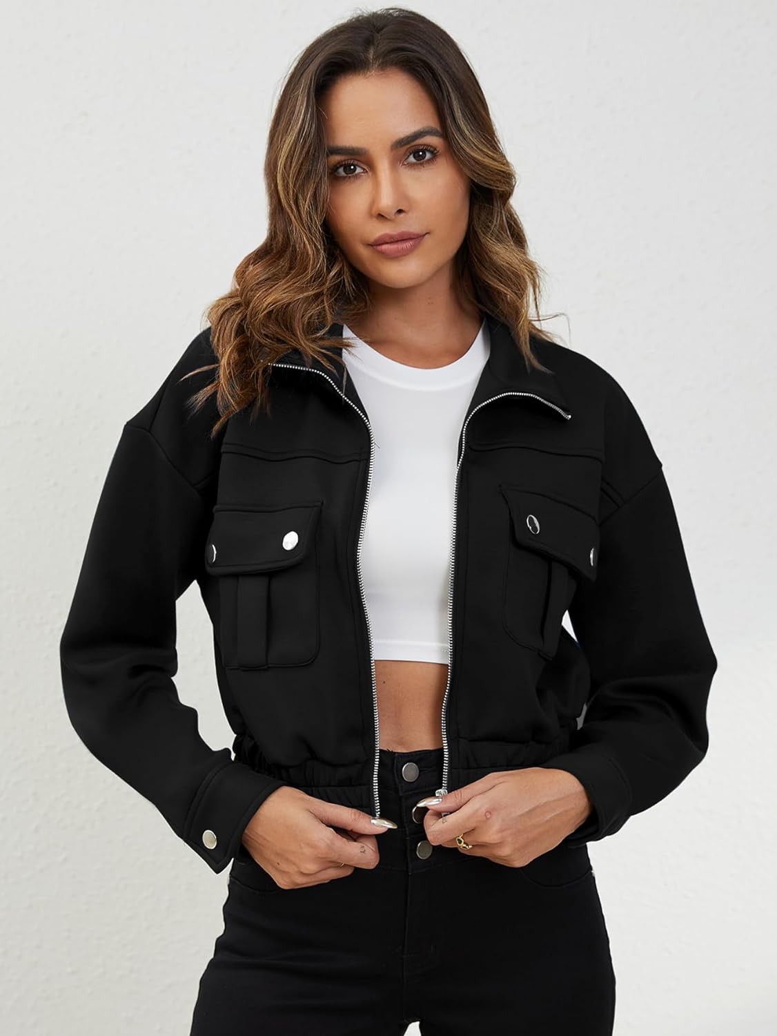 YKR Women's Cropped Bomber Jackets Zip Up Lightweight Long Sleeve Casual Coat Outwear with Pockets Fall Winter