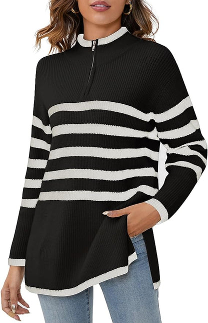 YKR Women's 2023 Striped Sweaters Half Zip Long Sleeve Ribbed Knit Side Slit Oversized Pullover Sweater Fall Winter