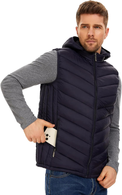 YKR Men's Winter Warm Down Coats Vest Zipper Sleeveless Hooded Puffer Jacket