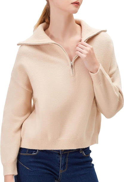 YKR Womens Sweaters Quarter Zip Cropped Long Sleeves Ribbed Knitted Sweater Pullover Tops Jumper