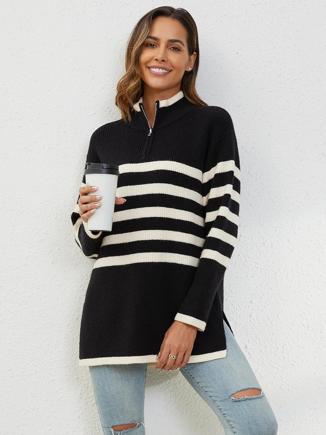 YKR Women's 2023 Striped Sweaters Half Zip Long Sleeve Ribbed Knit Side Slit Oversized Pullover Sweater Fall Winter