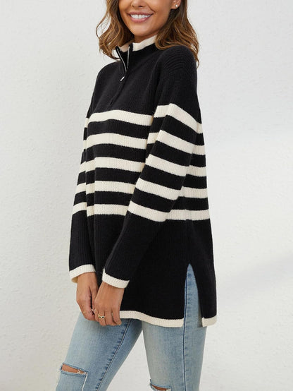 YKR Women's 2023 Striped Sweaters Half Zip Long Sleeve Ribbed Knit Side Slit Oversized Pullover Sweater Fall Winter