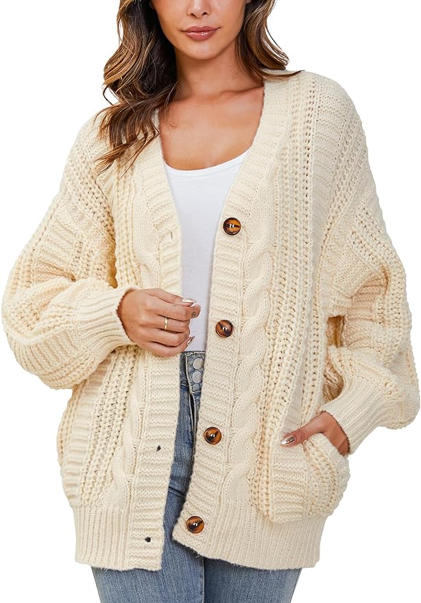 YKR Womens Chunky Cardigan Oversized Cable Knit Open Front Lantern Sleeve Cardigan Sweaters Warm Sweaters Coat with Pocket