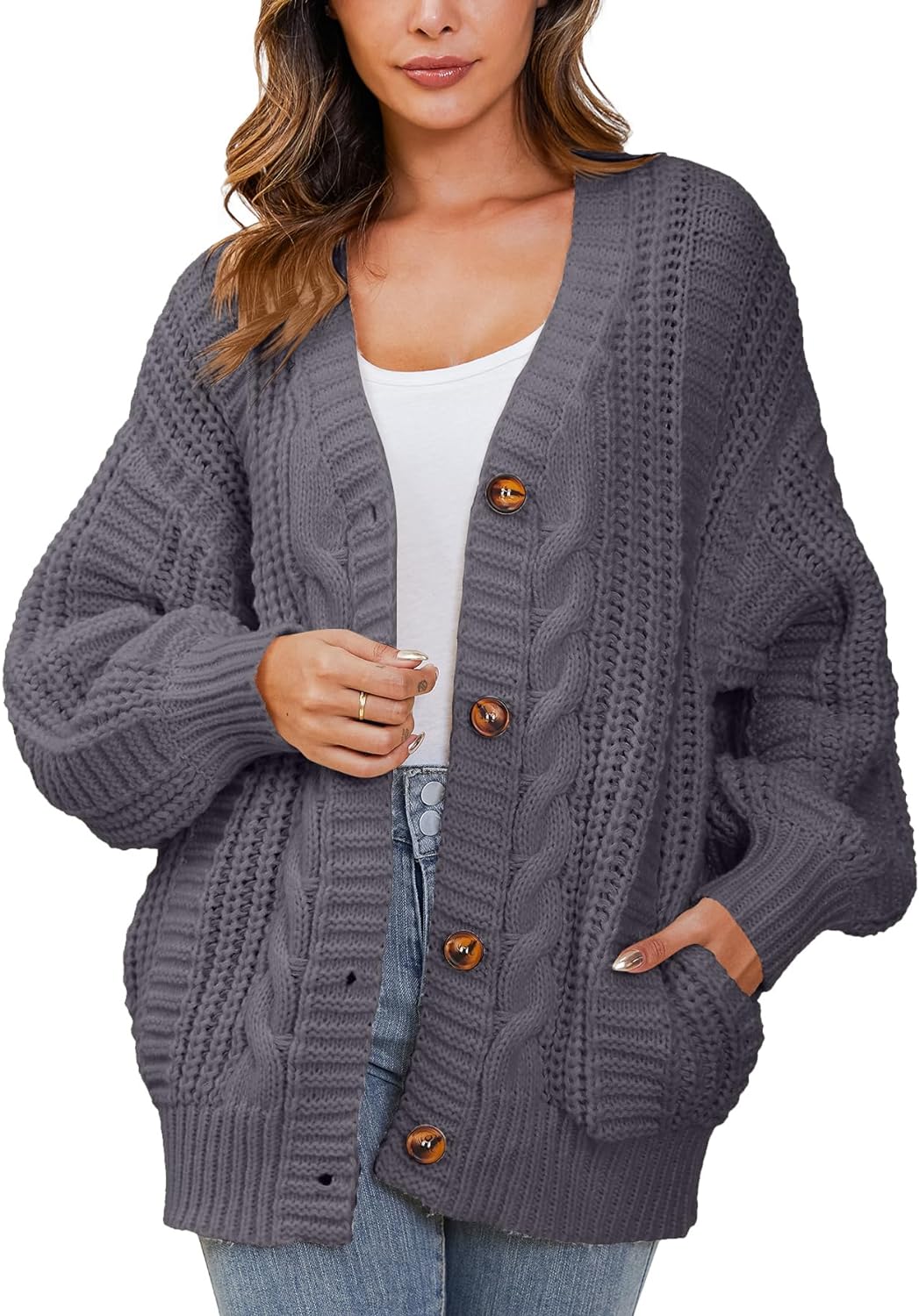 YKR Womens Chunky Cardigan Oversized Cable Knit Open Front Lantern Sleeve Cardigan Sweaters Warm Sweaters Coat with Pocket