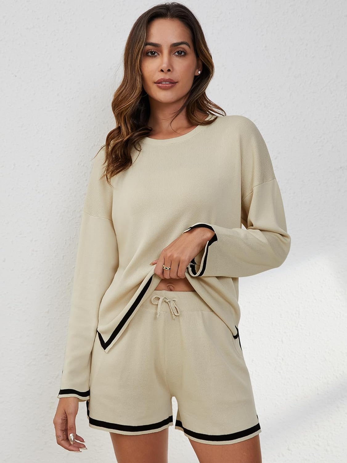 YKR Women's Lounge Sets Knitted Long Sleeve Sweater Top and Drawstring Shorts Two Piece Outfits Loungewear with Pockets Beige XL