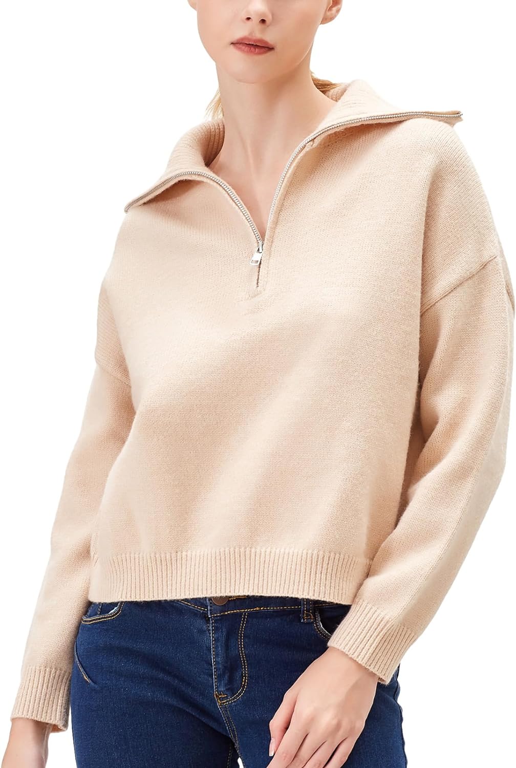 YKR Womens Sweaters Quarter Zip Cropped Long Sleeves Ribbed Knitted Sweater Pullover Tops Jumper