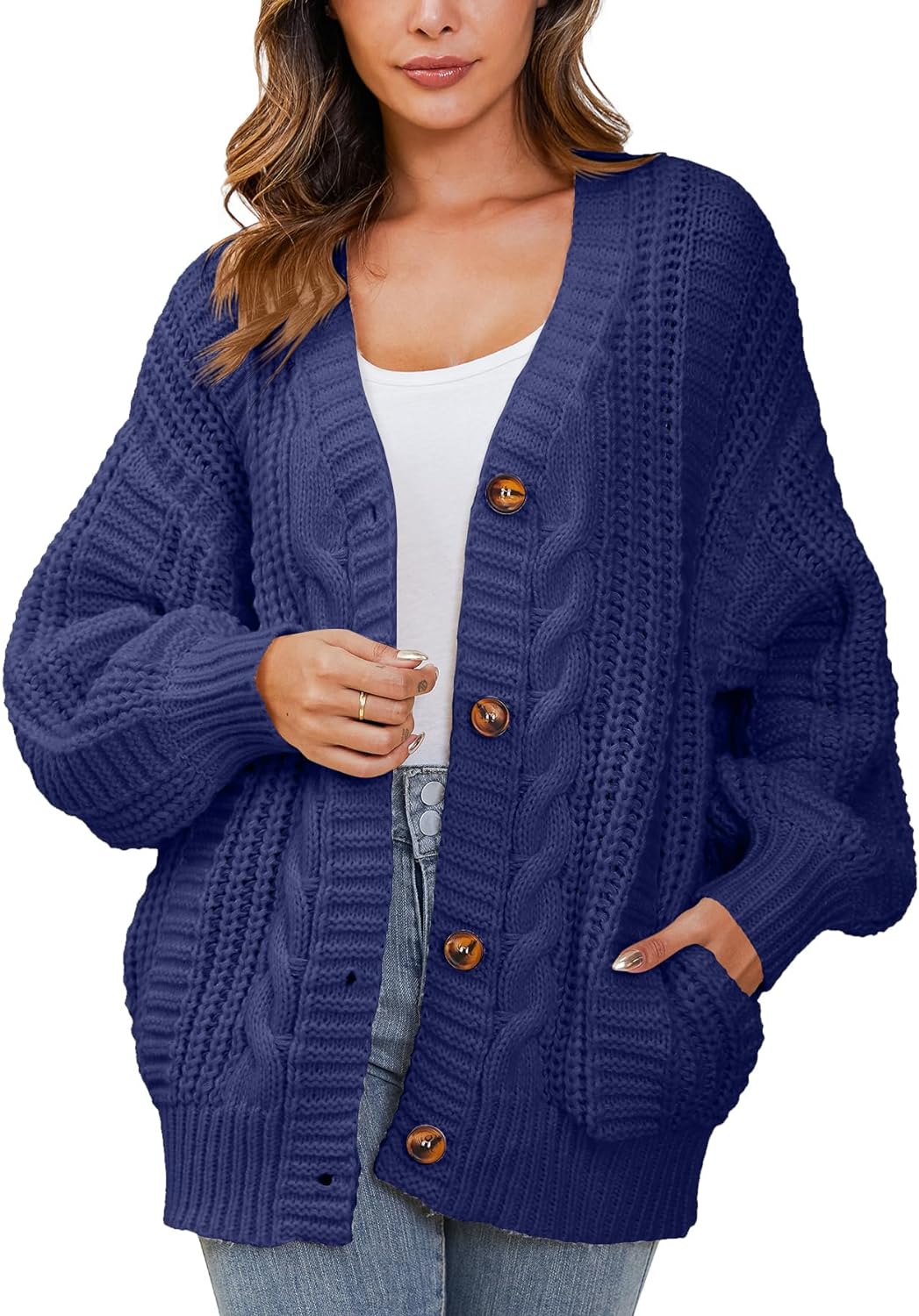 YKR Womens Chunky Cardigan Oversized Cable Knit Open Front Lantern Sleeve Cardigan Sweaters Warm Sweaters Coat with Pocket