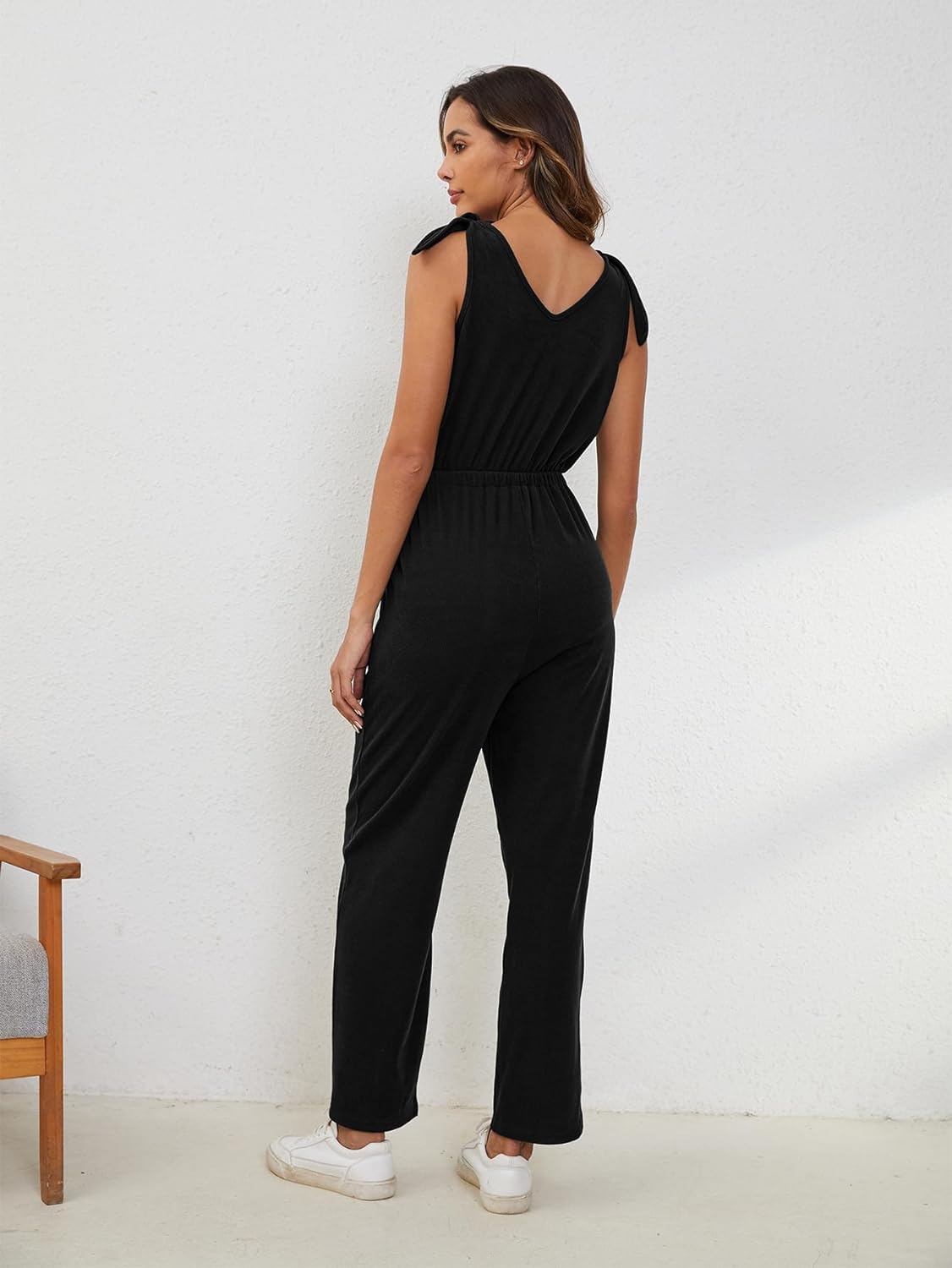 YKR Womens Jumpsuits Tie Knot Shoulder Adjustable Sleeveless v Neck Top Ribbed Stretchy Crop Pants Bodysuit