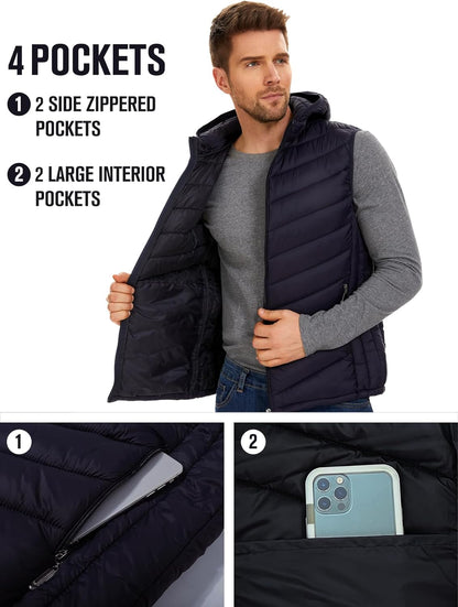 YKR Men's Winter Warm Down Coats Vest Zipper Sleeveless Hooded Puffer Jacket