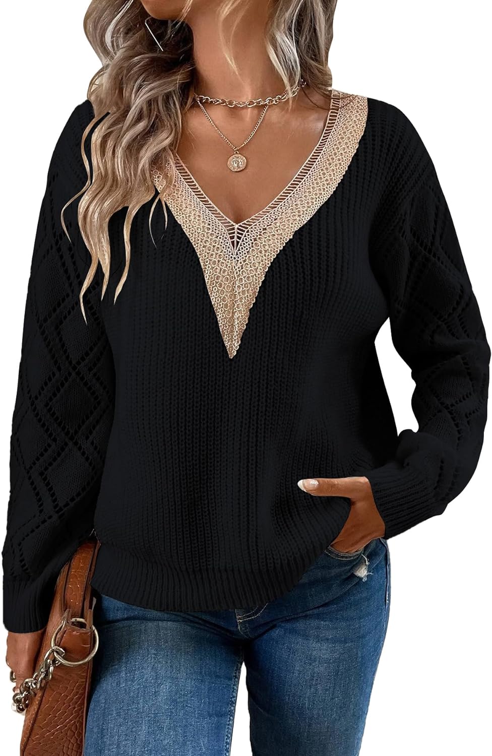 YKR Women's 2023 Fall Sweaters Lace V Neck Crochet Long Sleeve Ribbed Knit Lightweight Pullover Sweater Tops