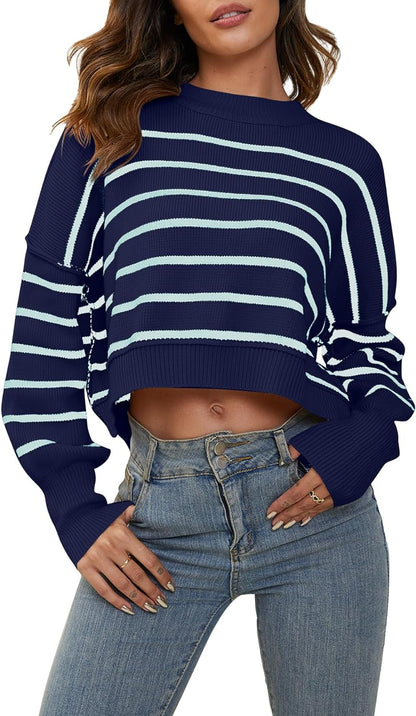 YKR 2023 Womens Oversized Cropped Striped Sweaters Crewneck Long Sleeve Drop Shoulder Side Slit Ribbed Knit Fall Pullover Top