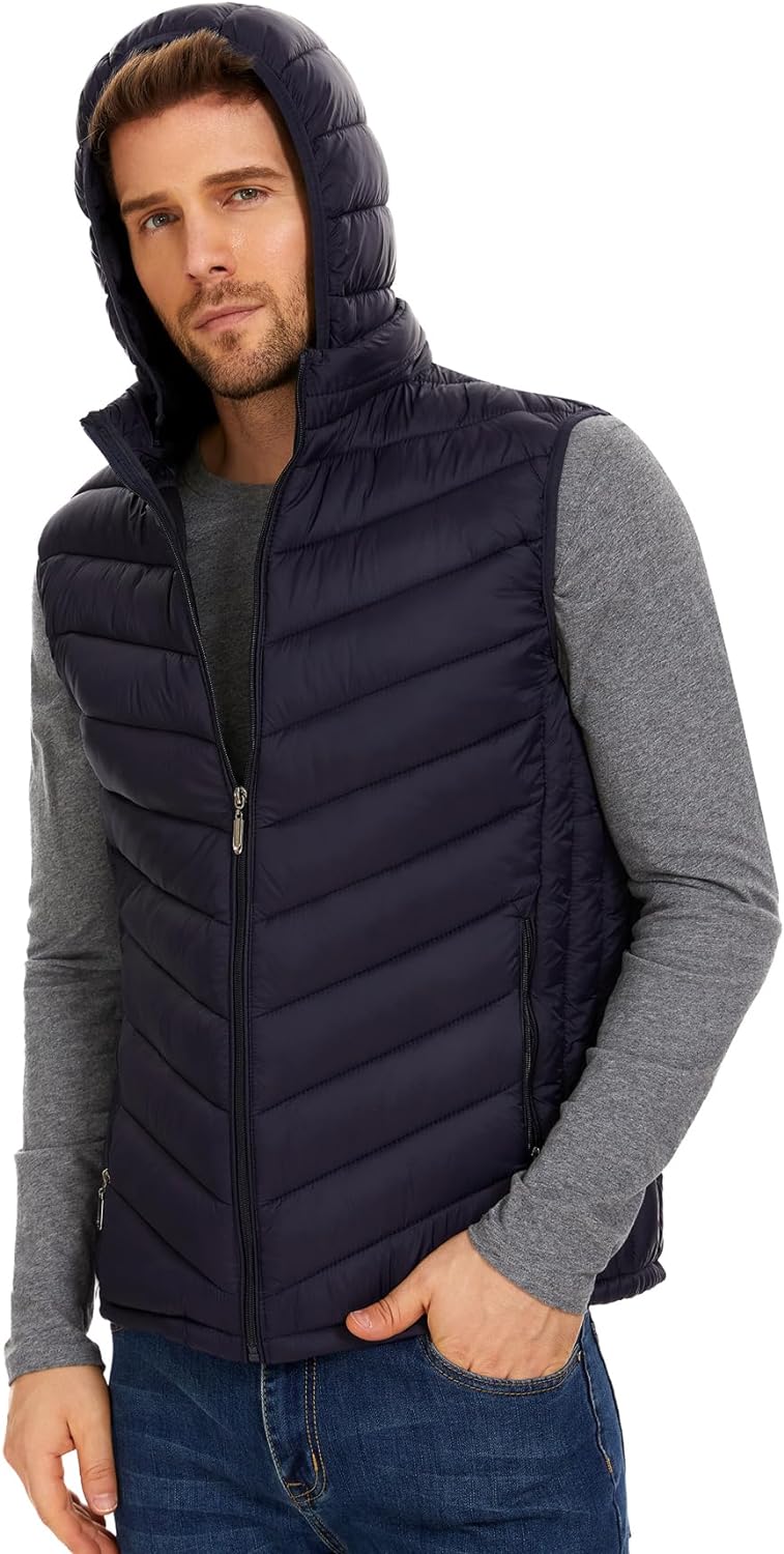 YKR Men's Winter Warm Down Coats Vest Zipper Sleeveless Hooded Puffer Jacket