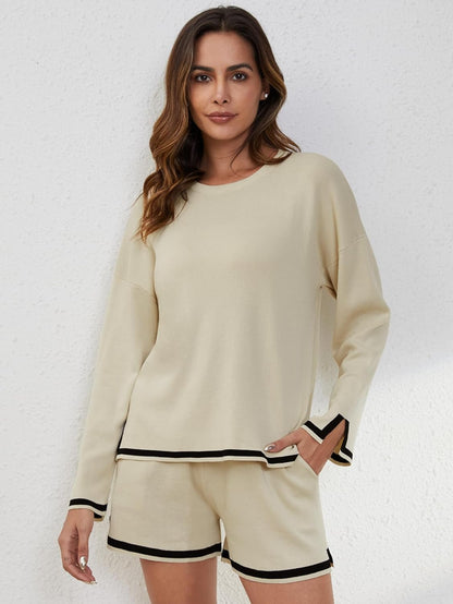 YKR Women's Lounge Sets Knitted Long Sleeve Sweater Top and Drawstring Shorts Two Piece Outfits Loungewear with Pockets Beige XL