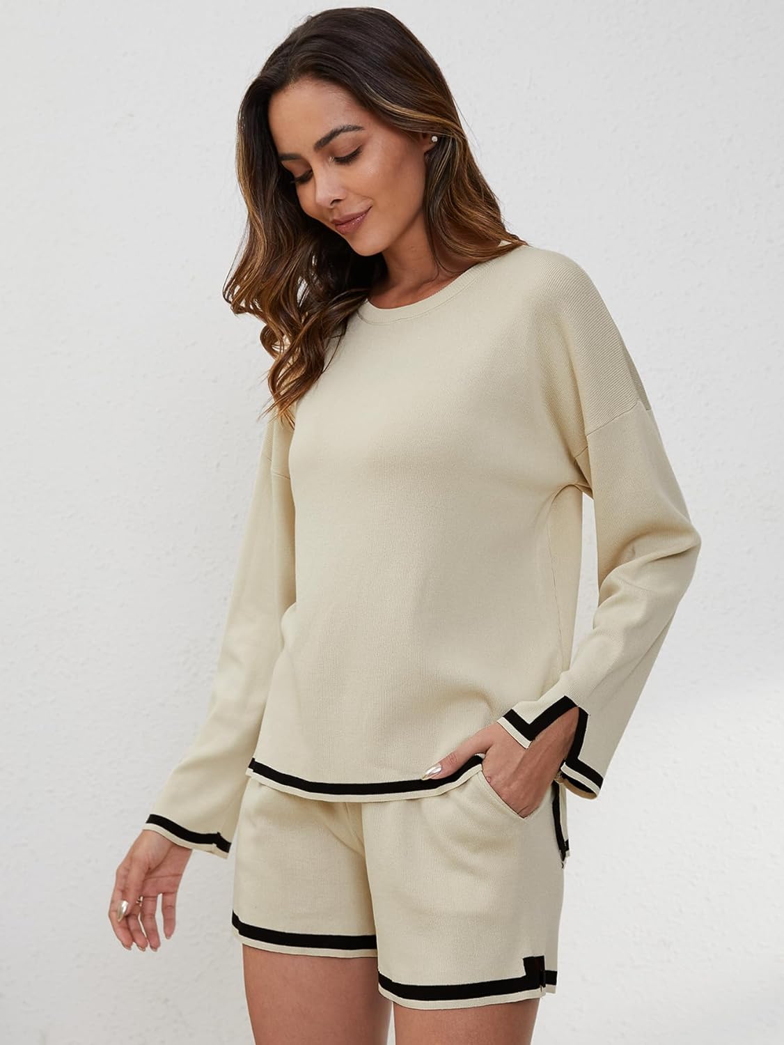 YKR Women's Lounge Sets Knitted Long Sleeve Sweater Top and Drawstring Shorts Two Piece Outfits Loungewear with Pockets Beige XL