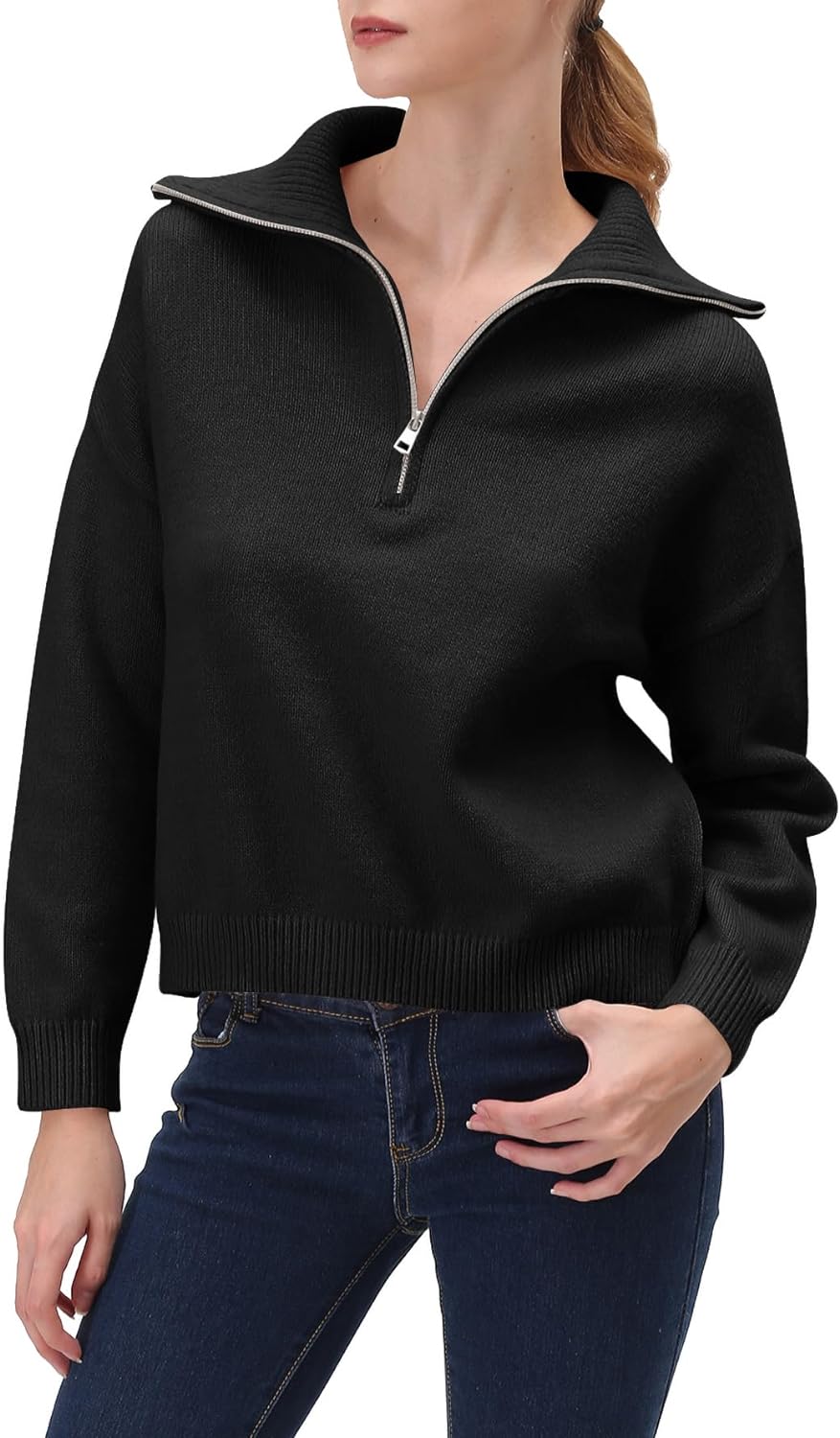 YKR Womens Sweaters Quarter Zip Cropped Long Sleeves Ribbed Knitted Sweater Pullover Tops Jumper