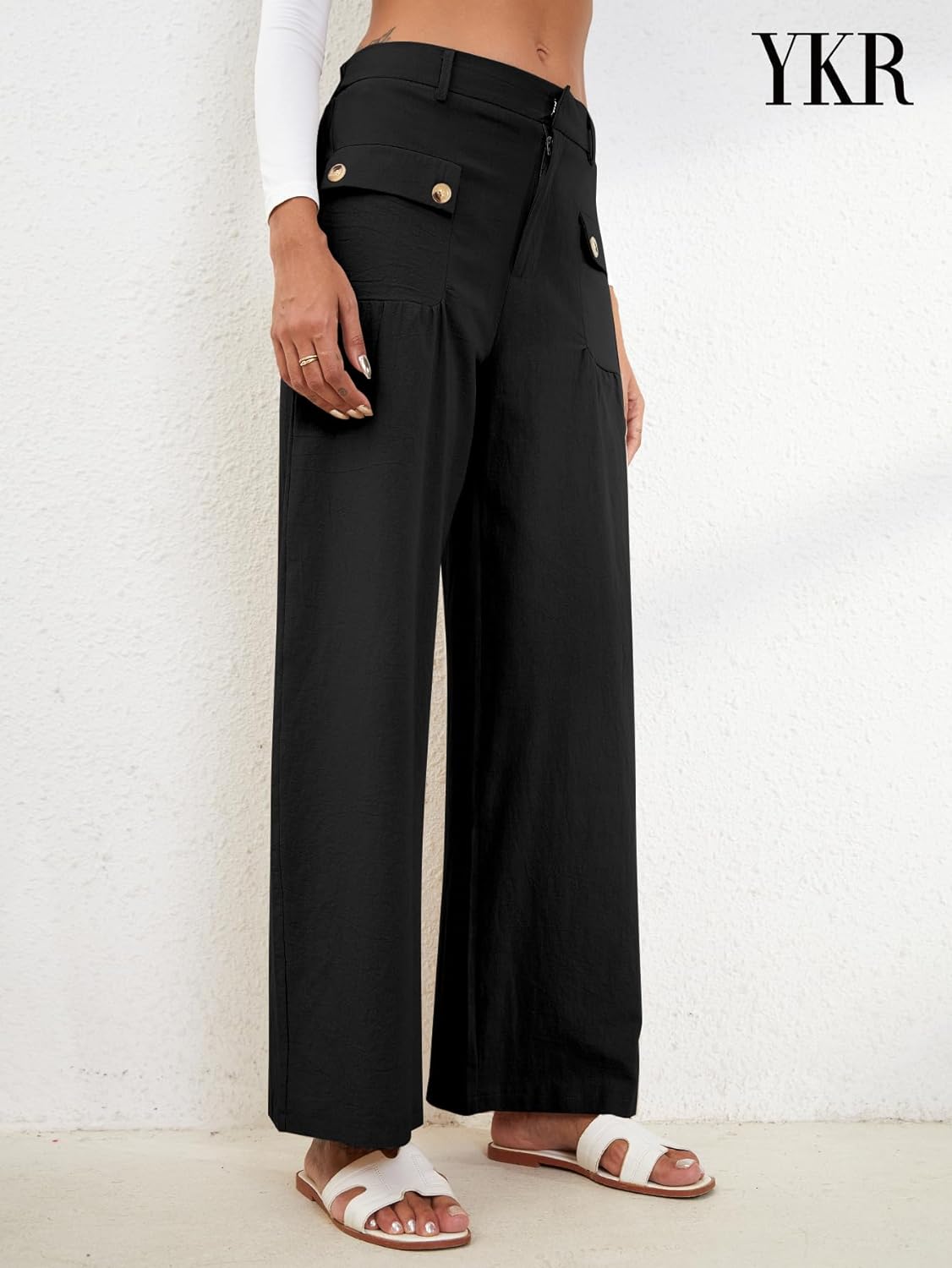 YKR Wide Leg Pants for Women Casual Linen Zipper Flowy Loose Palazzo Trousers with Pockets