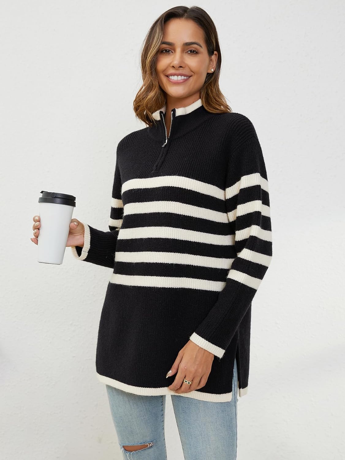 YKR Women's 2023 Striped Sweaters Half Zip Long Sleeve Ribbed Knit Side Slit Oversized Pullover Sweater Fall Winter