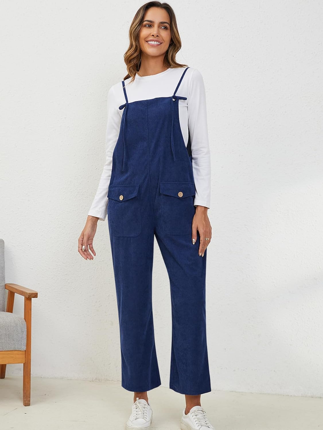 YKR Women's Overalls Corduroy Casual Loose Sleeveless Adjustable Tie Straps Jumpsuit with Pockets