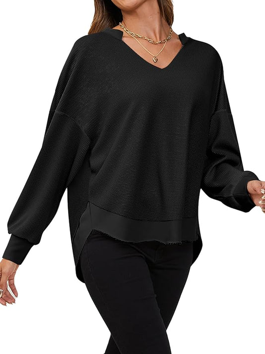 YKR Women V-Neck Oversized Waffle Knit Long Sleeve Loose High Low Hem PulloverTunic Tops