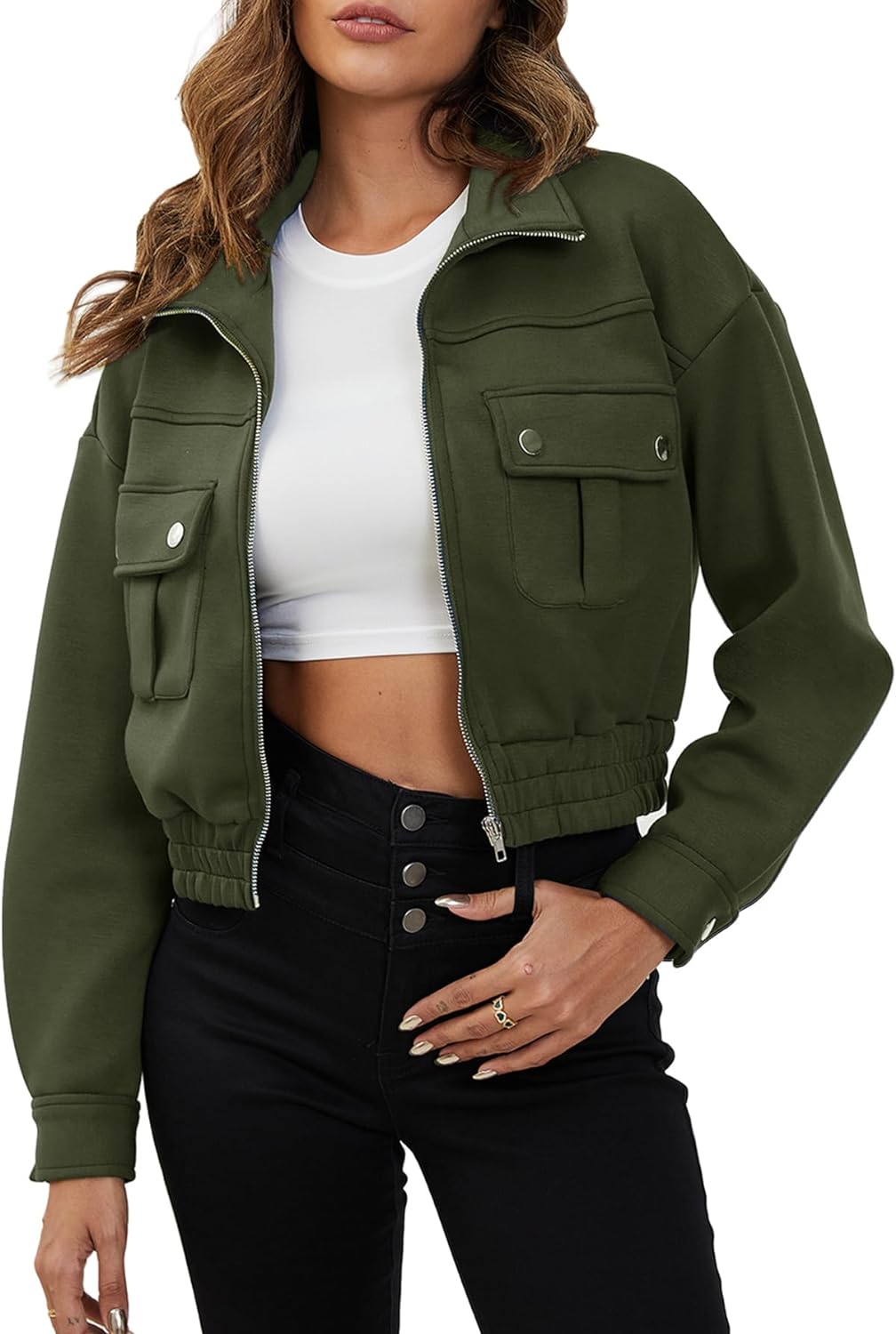 YKR Women's Cropped Bomber Jackets Zip Up Lightweight Long Sleeve Casual Coat Outwear with Pockets Fall Winter