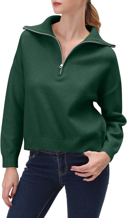 YKR Womens Sweaters Quarter Zip Cropped Long Sleeves Ribbed Knitted Sweater Pullover Tops Jumper