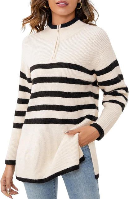 YKR Women's 2023 Striped Sweaters Half Zip Long Sleeve Ribbed Knit Side Slit Oversized Pullover Sweater Fall Winter