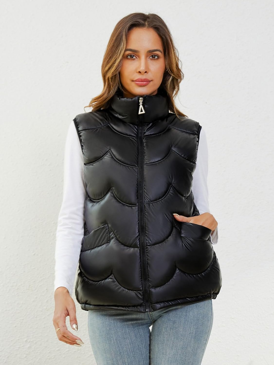 YKR Womens Puffer Vest Quilted Jacket Sleeveless Stand Collar Puffy Coat Outerwear Stand Collar Padded Gilet