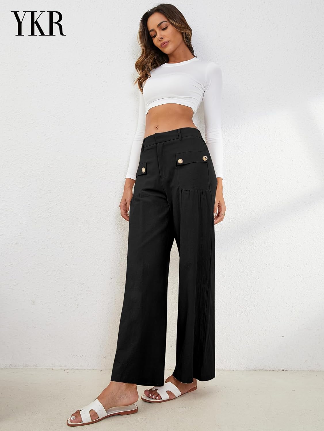 YKR Wide Leg Pants for Women Casual Linen Zipper Flowy Loose Palazzo Trousers with Pockets