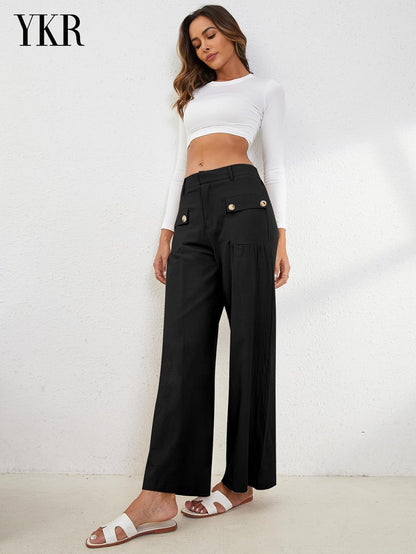 YKR Wide Leg Pants for Women Casual Linen Zipper Flowy Loose Palazzo Trousers with Pockets