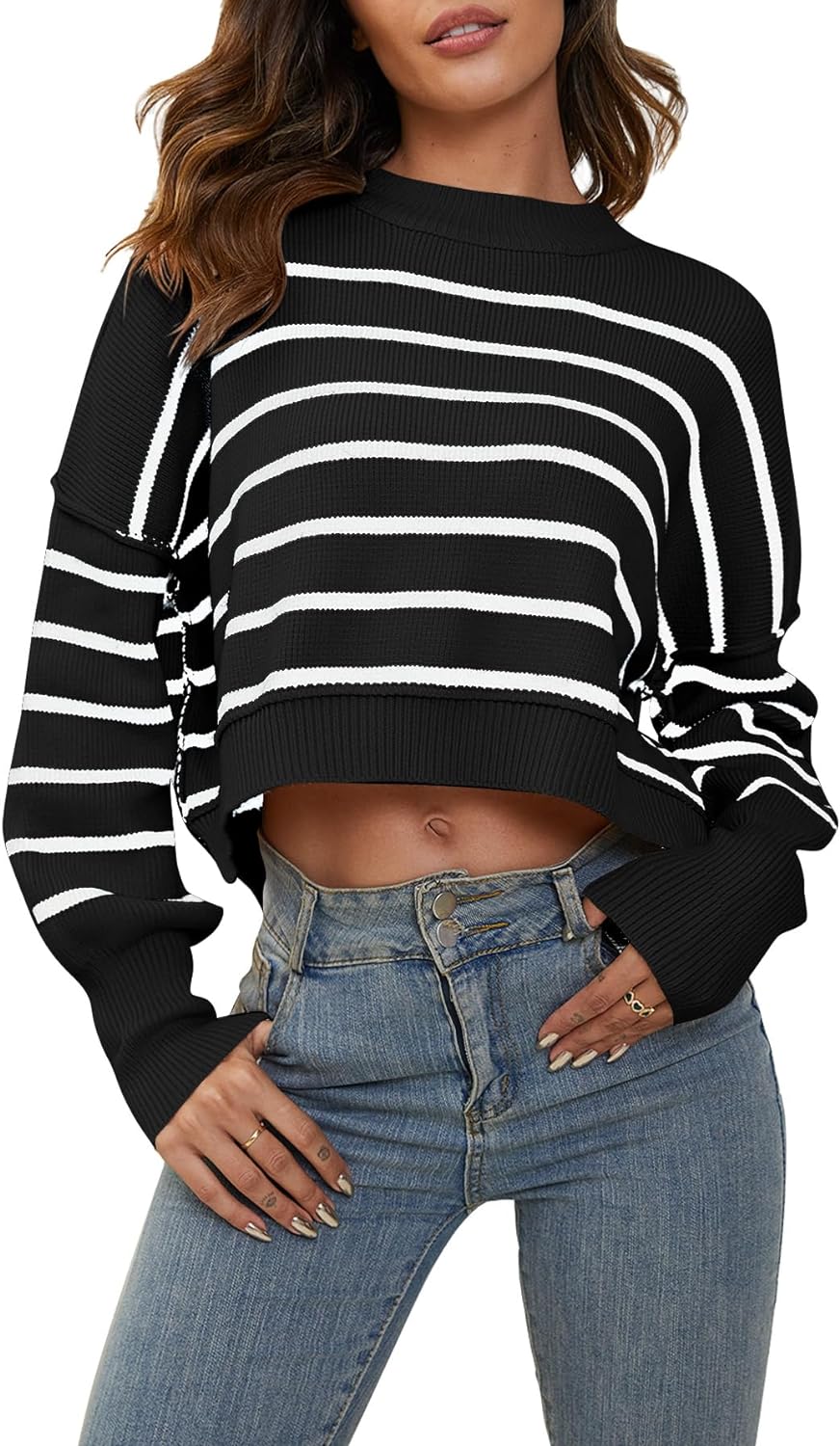 YKR 2023 Womens Oversized Cropped Striped Sweaters Crewneck Long Sleeve Drop Shoulder Side Slit Ribbed Knit Fall Pullover Top