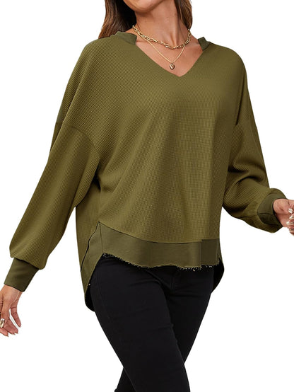 YKR Women V-Neck Oversized Waffle Knit Long Sleeve Loose High Low Hem PulloverTunic Tops