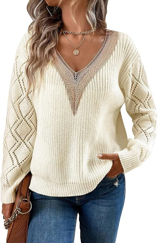 YKR Women's 2023 Fall Sweaters Lace V Neck Crochet Long Sleeve Ribbed Knit Lightweight Pullover Sweater Tops