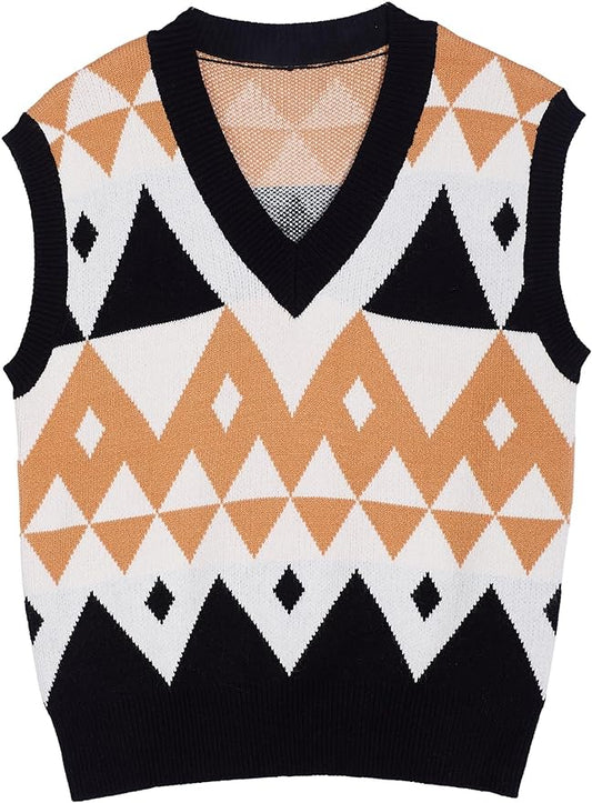 YKR Women's Sleeveless V Neck Knit Y2K Streetwear Preppy Style Loose Argyle Sweater Vest