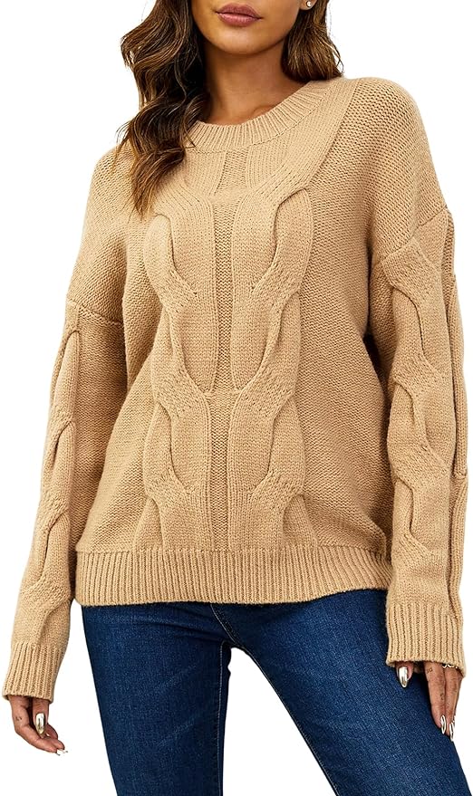 YKR Women's 2023 Crew Neck Sweater Long Sleeve Casual Solid Cable Knit Chunky Pullover Sweater Fall Winter