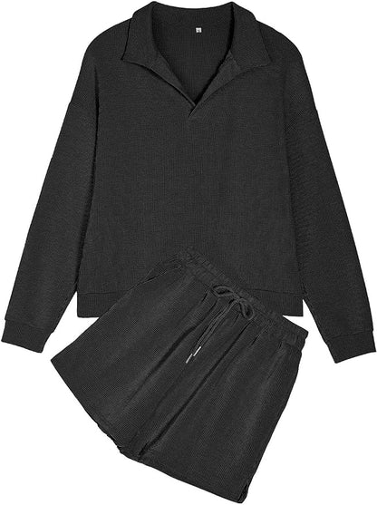 YKR Women's 2 Piece Waffle Knit Pajama Sets Long Sleeve and Shorts Sleepwear Loungewear Workout Sets with Pockets Black