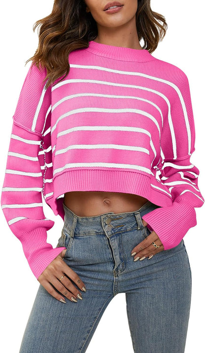 YKR 2023 Womens Oversized Cropped Striped Sweaters Crewneck Long Sleeve Drop Shoulder Side Slit Ribbed Knit Fall Pullover Top